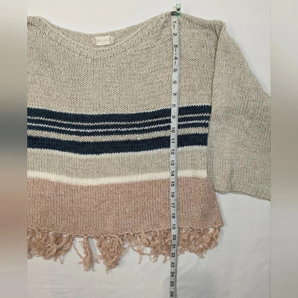 Altar'd State women's striped fringe knit sweater, tan pink navy cream size M - Picture 2 of 10